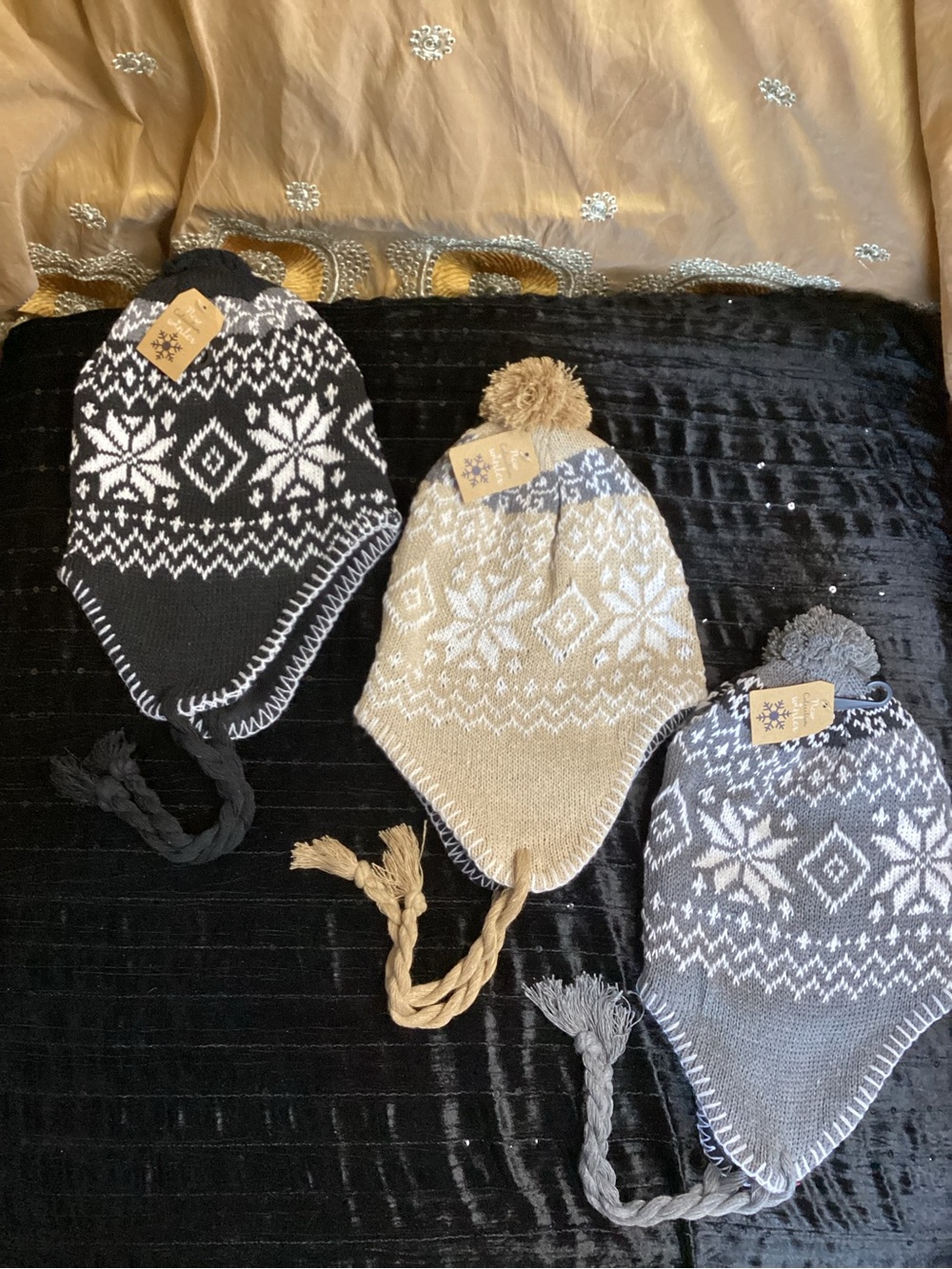 Winter Earflap Knit Beanie with Pom Pom - Choose ONE Black, Tan OR Gray